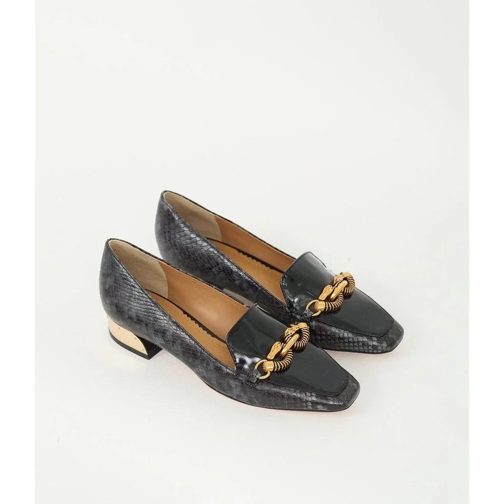 Tory Burch Reptile Embossed Horsebit Block Heel Pumps Size 5
